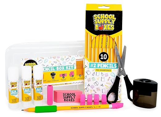 Back to School Supply Box (Case - 4 Boxes) - Grades K-5 Back to School Supplies - 32 Piece Kit Includes Markers, Crayons, Pencils, Scissors, Folders, Glue Sticks, Notebook, and Composition Book