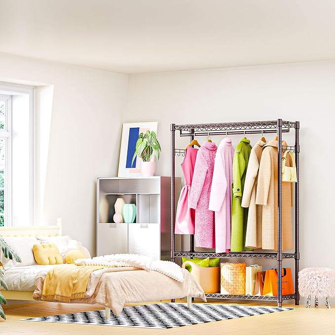 M MZG Heavy Duty Rolling Garment Rack 3 Tiers Adjustable Wire Shelving Clothes Rack with 1 Rods and Side Hooks,Storage Closet Clothing Rack Grey 15.7" D x 45.3" W x 72.4" H