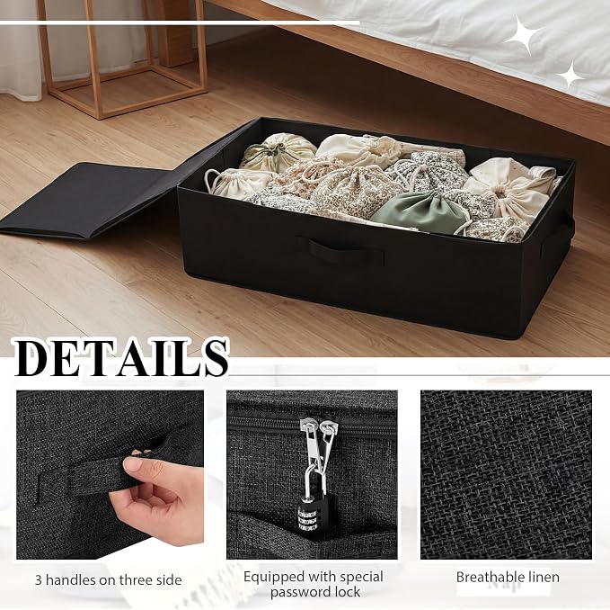 Briwooody 29.9 x 15 x 6.7 Inch Large Discreet Lockable Personal Item Storage Bag Under Bed Storage Box Organizer with Zipper Lid Underbed Clothes Shoe Container for Dorm and Home(Black)