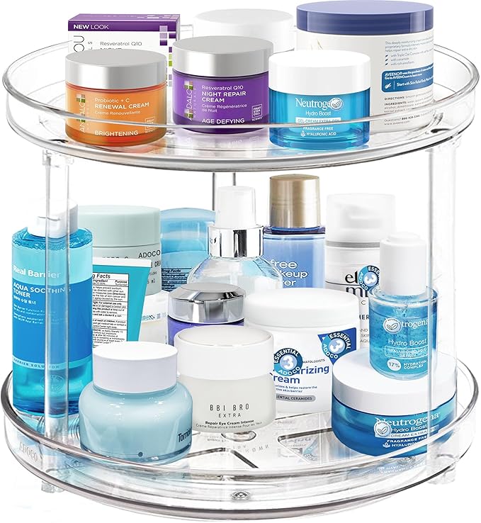 2 Tier Lazy Susan Organizer 10.6 Inch | Clear Makeup Skincare Organizer for Vanity, Bathroom Countertop Organizer, Spice Rack Organizer