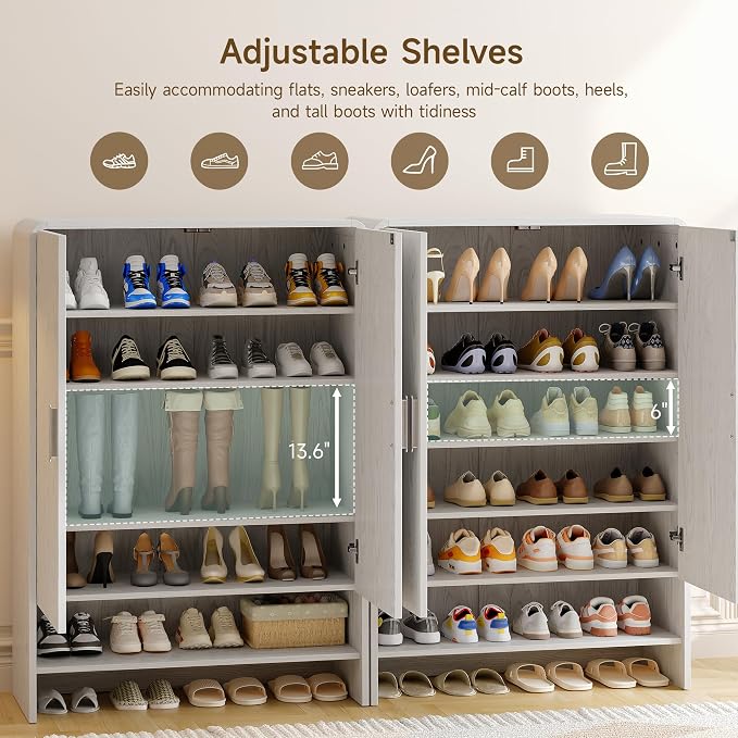 ONBRILL 6-Tier Shoe Storage Cabinet, 45'' Large Farmhouse Shoe Cabinet for Entryway, Modern Wooden Shoe Rack Organizer with Doors and Shelves, for Front Door Hallway (White)