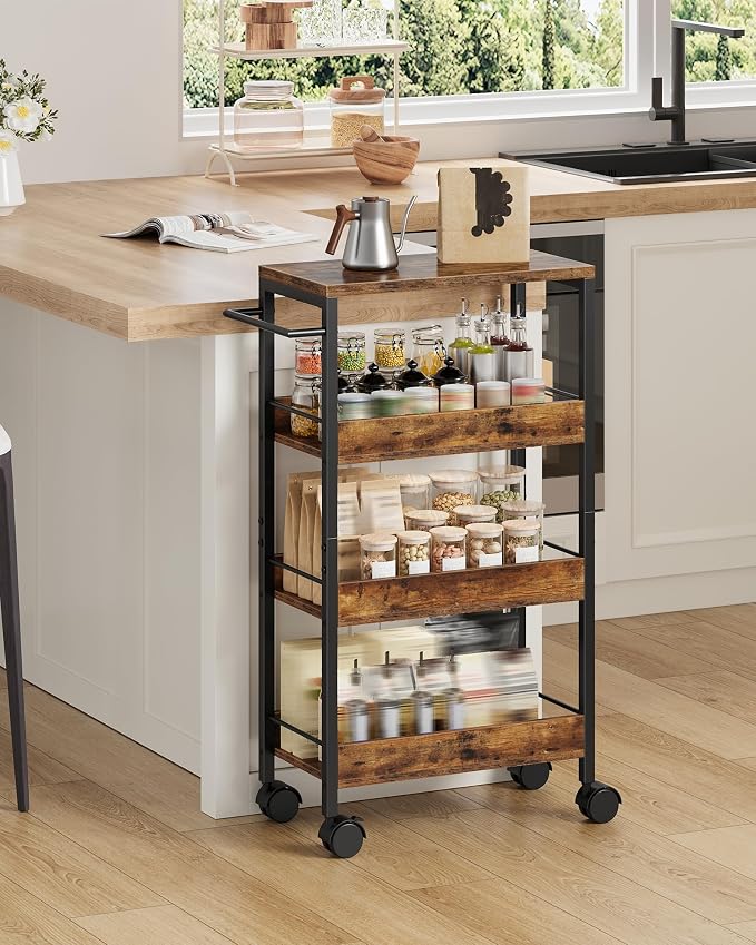 CHOEZON 4-Tier Slim Storage Cart, 9.1'' Kitchen Serving Trolley, Slim Rolling Cart with Handle and Guard Rails, Slim Cabinet for Small Spaces, for Dining Room, Rustic Brown and Black TTC03BF