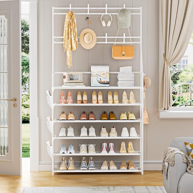 OYREL Shoe Rack 6 Tier Shoes Organizer 24-30 Pairs | Shoe Racks for Closet Front Door Entrance Large Capacity Space Saving Shoe Storage Organizer with 5 Hooks and Side Pocket