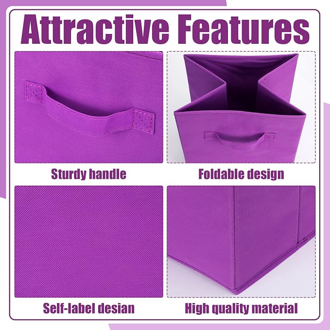 Karenhi 11" x 10.5" x 10.5" Purple Storage Cube, 6 Pack Fabric Cube Storage Bins Organizer Box, Collapsible Baskets with Handles Foldable Shelf for Cloth Toys Home Room Closet, Pack of 6