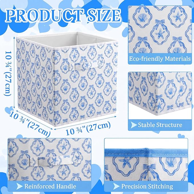 Geelin 6 Pcs Blue Bow Seashell Storage Bins 11 Inch Summer Beach Storage Basket with Handle, Coastal Organizer Basket, Ocean Collapsible Fabric Box for Classroom Bedrooms Office Home Decoration Gift