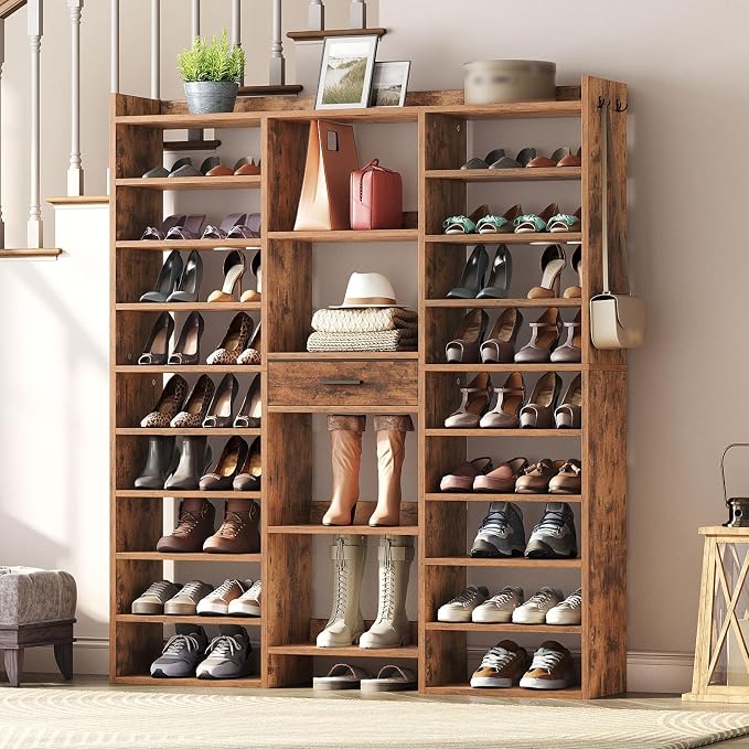 HOOBRO 10 Tier Shoe Rack Tall, 47" Large Wooden Shoe Rack Organizer, 61" Tall Shoe Shelf with Cubbies and Fabric Drawer, for 25-33 Pairs of Shoes, Entryway Shoe Organizer, Rustic Brown FG10SC01