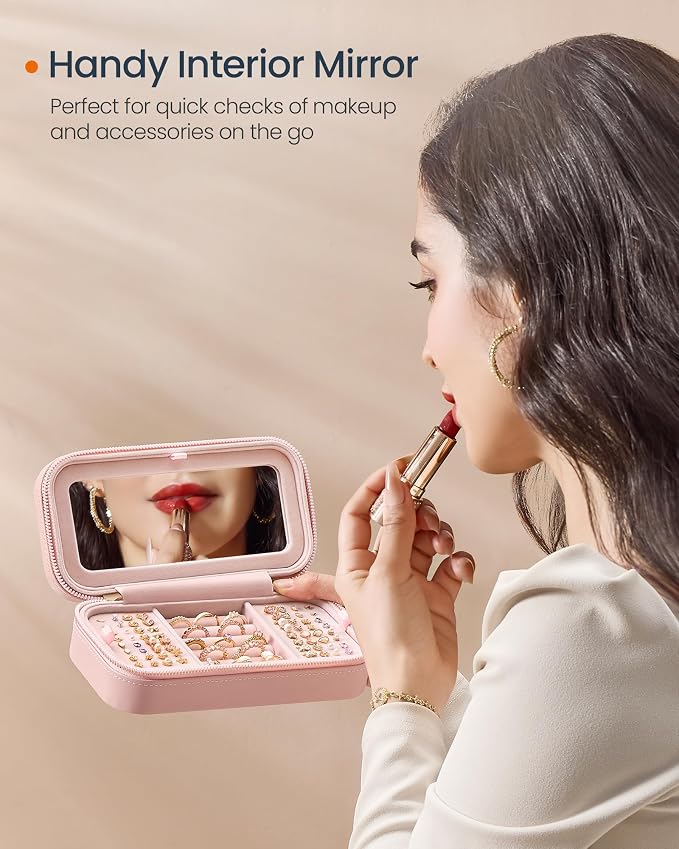 SONGMICS HOME Travel Jewelry Case with Mirror, Stitching, Portable | Jewelry box organizer, 4.1 x 8 x 2.4 Inches, Gift Idea, Jelly Pink, UJBC180S01