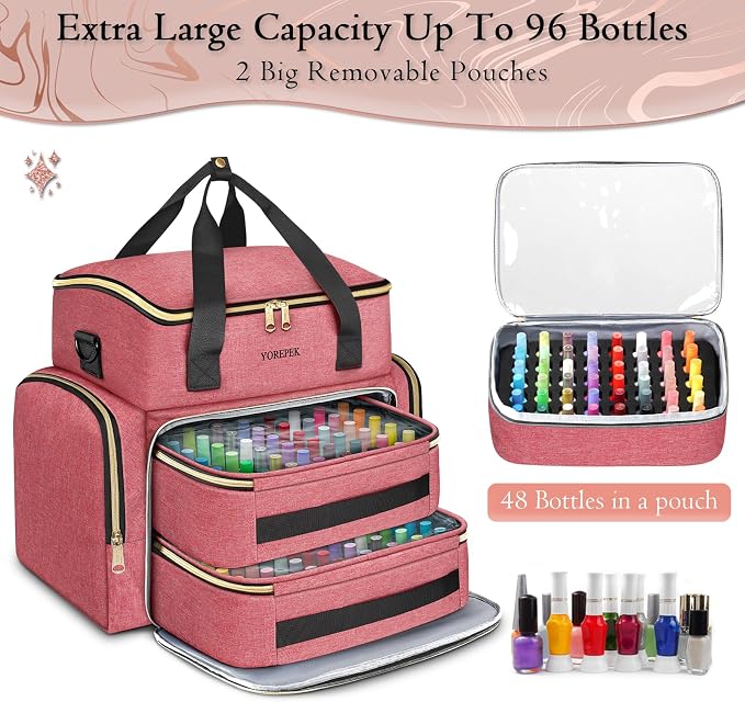 YOREPEK XL Nail Polish Organizer Case for 96 to 100+ Bottles, Pink | Nail Organizer With 96 Slots Foam Inserts, Travel Nail Tech Carrying Case with Adjustable Space for Gel Dip Powder Tips Set
