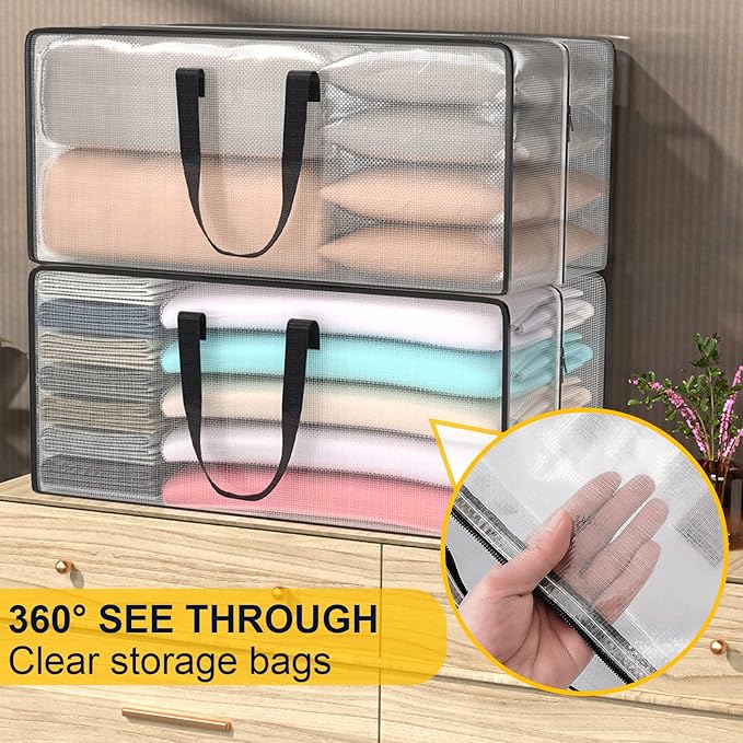 Clear Storage Bags with Zipper, Large Moving Bags Heavy Duty Extra Large, Plastic Storage Totes for Clothes, College dorm Packing Bag with Strong Handles