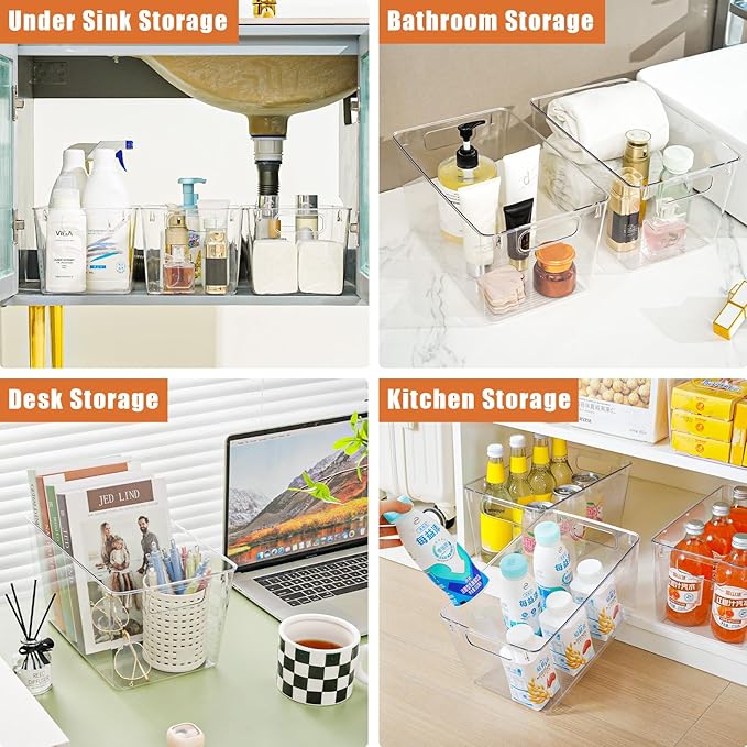Freebat 6 Pack Large Clear Plastic Storage Bins,Plastic Containers with Handle for Pantry Organizer and Storage,Perfect for Kitchen,Fridge,Cabinet, Closet,Bathroom Under Sink Storage