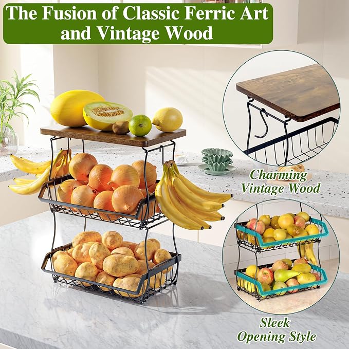 OKZEST 3-Tier Fruit Basket Fits Between Countertop & Upper Cabinet, 16.8" H | Includes wood top & banana hangers, Stackable kitchen countertop organizer, Holds potato, onion, bread, snack, fruit, veggie