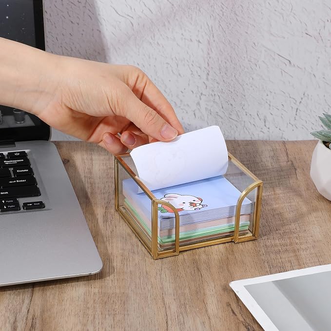 2-Pack Golden Glass Sticky Note Holder for Desk, Stick Note Holder Dispenser Organizer with Non-Slip Pads, 3.54x3.54x1.96 Inch Clear Memo Pad Holders for Office Supplies & Home Decor