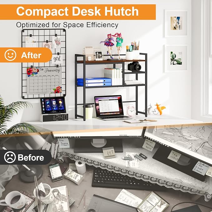 Snughome 31.9" Desk Shelf, Desktop Organizer Shelf, Desk Hutch Dorm, 3-Tier Desk Display Rack, Desktop Bookshelf, Multipurpose Wood Desk Organizer Storage Rack for Home Office Dorm