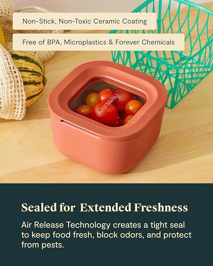 Caraway 6pc Food Storage Container Set - 1.75 Cup Glass Storage Container for Food (6) - Non-Toxic Ceramic-Coated Glass - Air Release Technology - Compact & Stackable Design - Navy