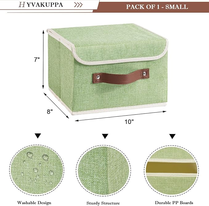 2PCS Collapsible Storage Boxes Baskets with Lid Cotton Linen Fabric Storage Bins with Faux Leather Handles Washable Cube Organizer Container for Home Closet Bedroom (Green, Small Size)