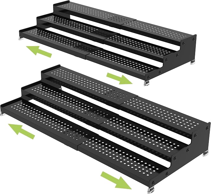 Jojocross Metal Spice Rack Organizer for Cabinet, 3 Tier Expandable Spice Storage shelf, Great for Kitchen Cabinets, Cupboard,Pantry and Countertop More,Metal plate with hole(2PACKS/BLACK)