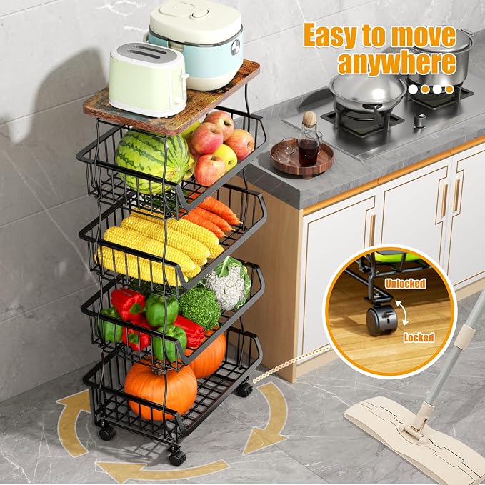 Gsiekare Fruit Vegetable Basket for Kitchen, 5 Tier Stackable Fruit Vegetable Storage Baskets with Wheels, Metal Wire Storage Basket Organizer Baskets for Kitchen, Pantry, Bathroom