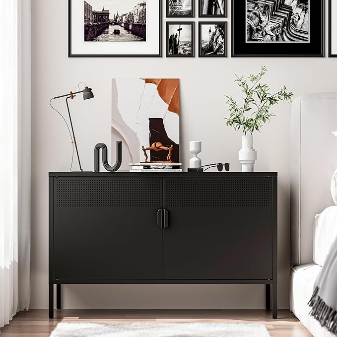 Washsemba 2 Door Storage Sideboard, Metal Storage Cabinet with 2 Adjustable Shelf,Multipurpose Metal Accent Cabinet for Office Home,Music Studio (Black, 25''H)