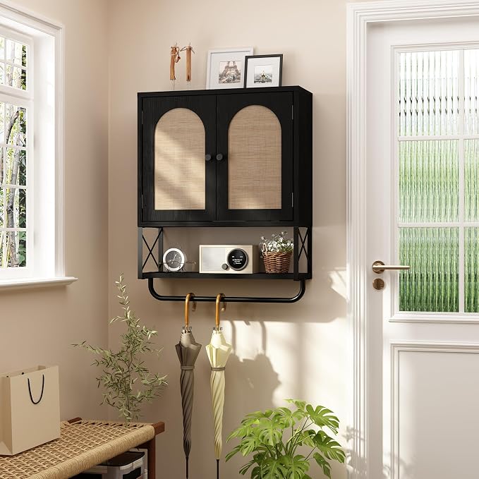 RUSTOWN Rattan Bathroom Wall Cabinet, Boho Over The Toilet Storage Cabinet | Arched Rattan Doors, Modern Medicine Cabinet, Adjustable Shelves, Towel Bar, Black