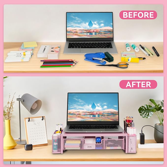 Qupui Computer Monitor Stand Riser with Drawer and Pen Holders, Desk Organizer Shelf and Accessories, Office Desk Accessories, Office Organization, Pink