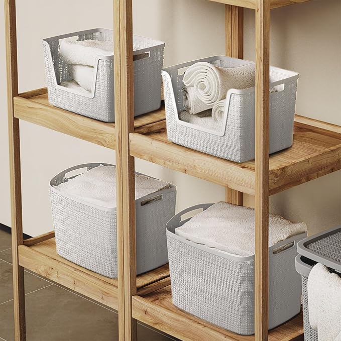 Curver Set of 4 Large 18L Easy Access Jute Decorative Plastic Organization and Storage Baskets - Perfect Bins for Home Office, Closet Shelves, Kitchen Pantry and All Bedroom Essentials, White
