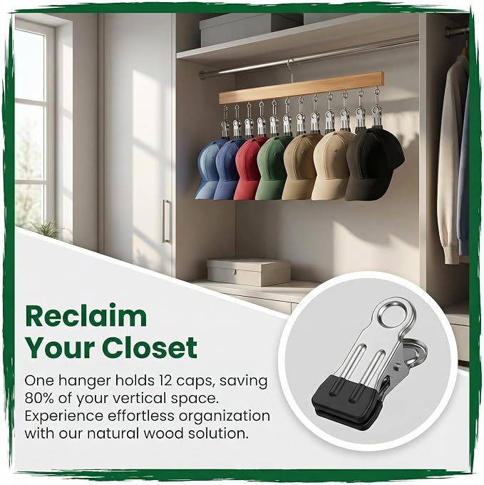 Closet Organizer with 12 Clips, 2 Pack Closet Space Savers for Hanging Clothes, Wooden Pants and Leggings Hangers with 360° Rotating Hook, Space-Saving Hat Scarf Clothespins, Walnut Wood Color