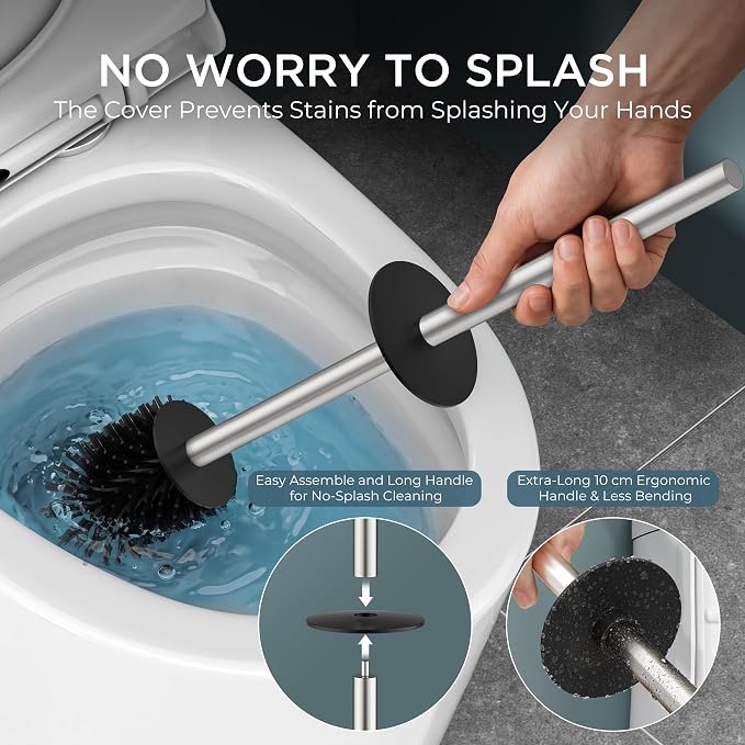 FORIOUS Toilet Brush and Holder Set, SUS304 Stainless Steel Square Base, Extended Long Handle, Drip-Proof & Space Saving, 2 Replaceable Brush Heads, Plastic & Silicone Dual Brush Head, Brushed Nickel