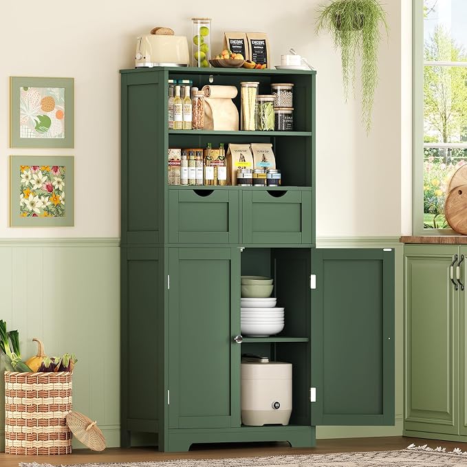 Iwell Bathroom Storage Cabinet with Adjustable Shelf, Storage Cabinet with Doors, Kitchen Pantry Storage Cabinets, Cupboard, for Living Room, Dining Room, Entryway, Green