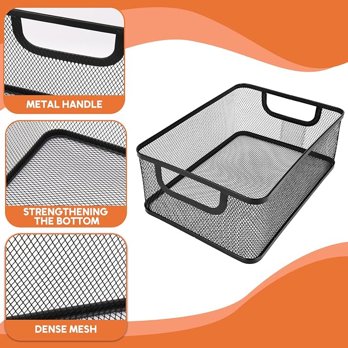 2 Pack EsOffcce Metal Mesh Steel Basket, 2 Size Household Food Sundry Storage Basket, Office Desktop Organizer Basket, Versatile Baskets with Handle for Kitchen Pantry Bathroom Home, Rectangle-Black