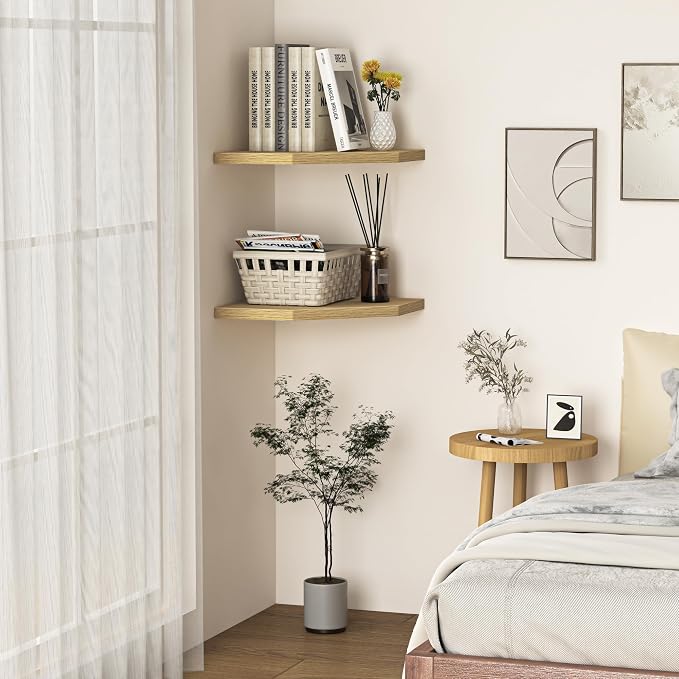 Fun Memories Corner Shelf Wall Mount, Corner Floating Shelves, Set of 4 Corner Wall Shelf Organizer, Rustic Wood Wall Storage Display Shelves for Living Room Bedroom Bathroom Kitchen, Oak