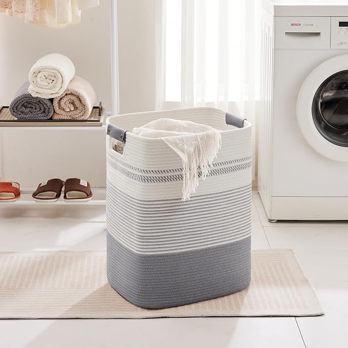 75L Tall Woven Laundry Basket Hamper with Leather Handles,Grey | 16"x13"x22", collapsible wicker hamper, storage for dirty clothes, toys, blankets, gifts, living room, bedroom, bathroom
