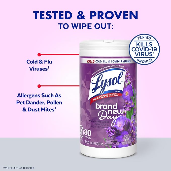 Lysol Disinfecting Wipes, Multi-Surface Cleaner, Lavender, 80 ct. | All Purpose Cleaner, Sanitizing, Deodorizing, Apartment Essentials, Back To School Cleaning Supplies, Kitchen & Bathroom Wipe