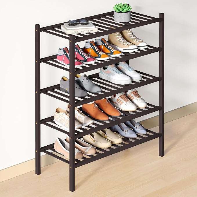 Smiry Bamboo Shoe Rack for Closet, 5 Tier Wooden Shoe Organizer, Stackable Wood Shoe Storage Shelf for Entryway, 14 Vertical Slats, 2+3 Stack Heavy-Duty Legs, 26.77"x11.02"x31.3", Brown