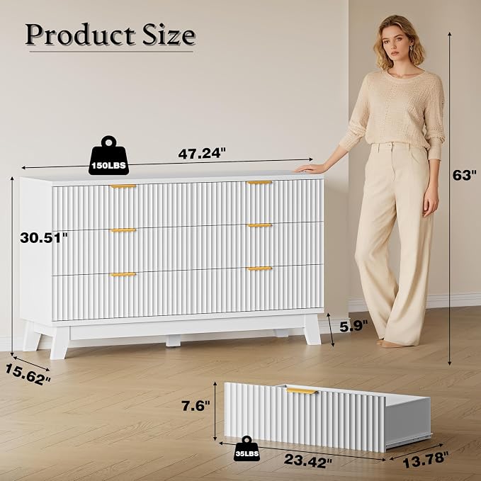 BORNOON Fluted 6 Drawer Dresser, 47.2" Wide Modern Boho Chest of Drawers, Wooden Storage Dresser TV Stand for Bedroom, Living Room, Closet, Hallway, Curved Profile Design