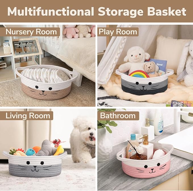 Cute Cat Toy Basket, Gift Baskets Empty for Home Decor, Soft Woven Basket for Living Room, Decorative Storage Baskets for Diaper Caddy, White & Brown, 9.8 x 4 inches