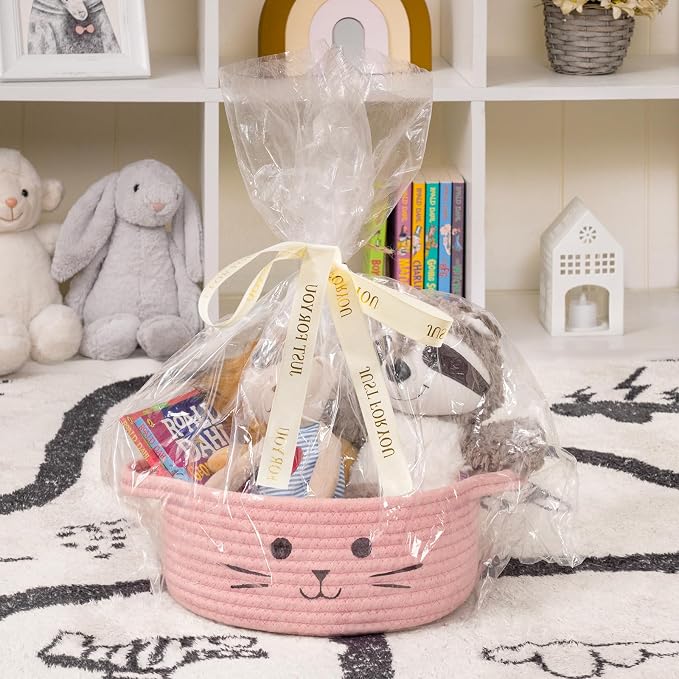 Small Rope Basket, Pink Cute Cat Toy Basket for Living Room, Gift Baskets Empty for Living Room, Decorative woven Baskets for Nursery, Baby Organizing & Towel Storage, 9.8 x 4 inches