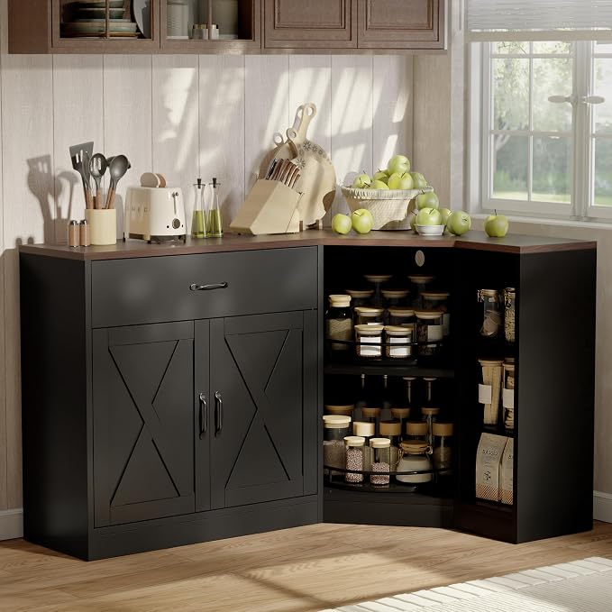 Loomie Corner Cabinet w/Charging Station, Kitchen Pantry Cabinet w/2 Tier Lazy Susan Turntable, Farmhouse Food Pantry w/Drawer & Doors & Adjustable Shelf, L-Shaped Sideboard for Dining Room (Black)