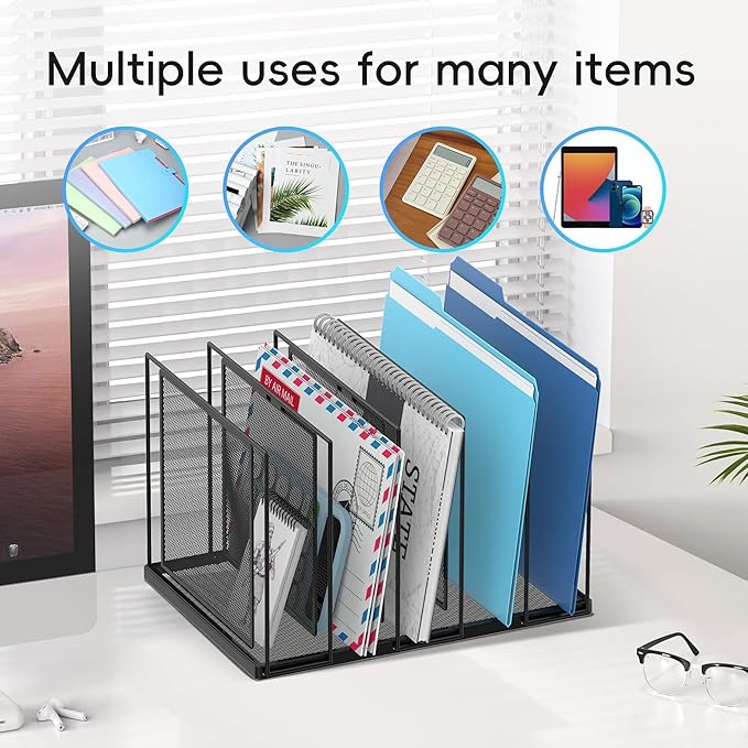 File Organizer for Desk, 5-Section Vertical File Sorter, Paper Holder Organizer Standing Metal File Folder for Office Home Classroom, Black 2 Pack