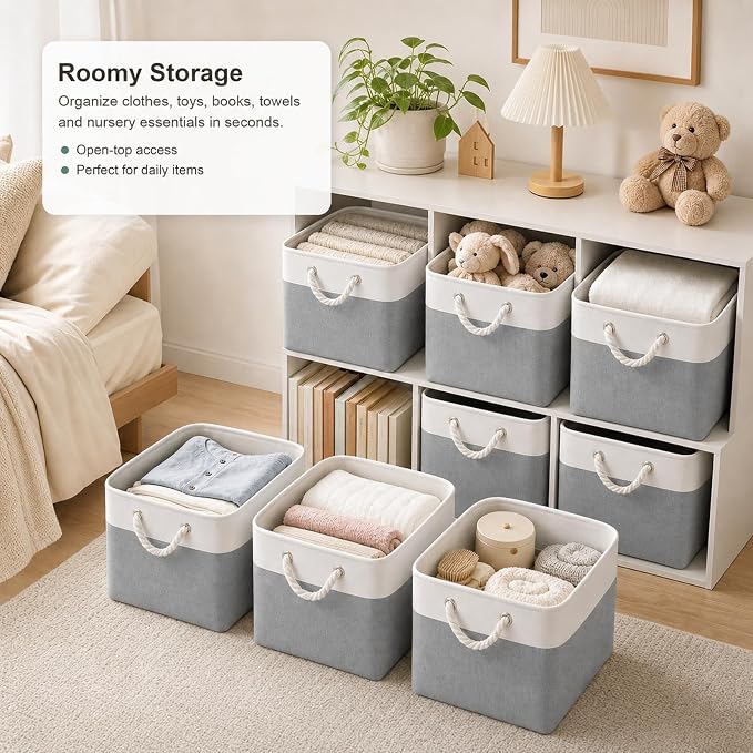 11x11 Inch Cube Storage Bins, 6 Pack Collapsible Fabric Storage Cubes with Rope Handles, Waterproof Foldable Storage Baskets for Cube Shelves, Closet, Clothes, Toys, Books, White & Gray