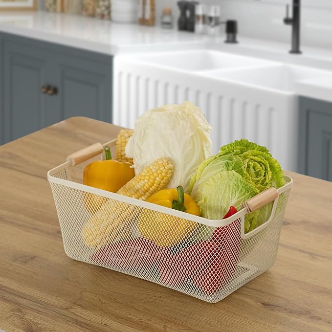 Basicwise Multipurpose Metal Mesh Basket w/Wooden Handle Storage Organizer for Kitchen Pantry Bathroom Cabinet Closet Countertop Fruit Holder Picnic Food and Beverages Carrier and Home Decor, Medium