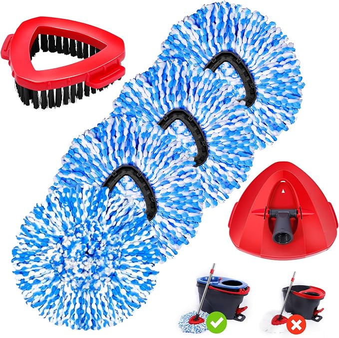 4 Pack Spin Mop Replacements Head Compatible for Ocedar RinseClean 2-Tank System,Microfiber Spin Mop Refills Head,1 Mop Scrub Brush + 1 Mop Base + 4 Pack Cleaning Floor Mop Head