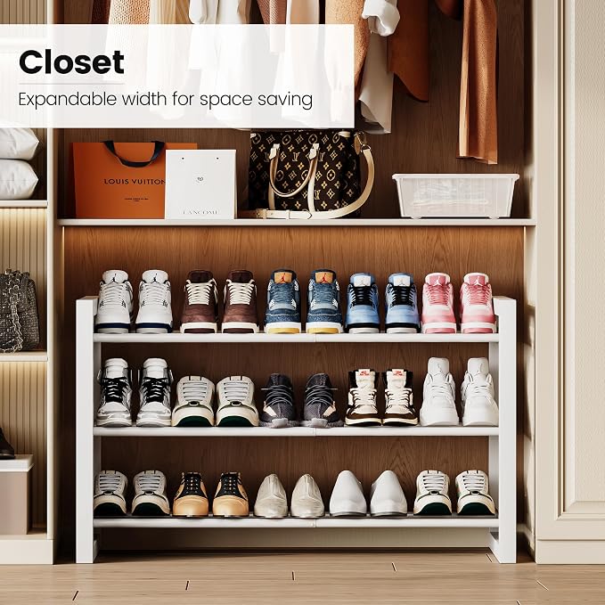 Homeiju Expandable Shoe Rack, 3 Tier Metal Shoe Shelf, Adjustable Shoe Stand for Sneakers, Boots, Heels, Heavy-Duty Steel Standing Shoe Organizer for Entryway, Closet, Bedroom, White