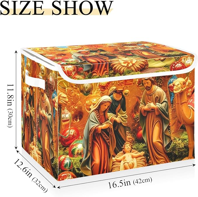 Nativity Scene Art Lidded Storage Bins with Handles - 16.5"x12.6"x11.8" Foldable Organizing Box, Oxford Fabric & Honeycomb Board, Dust-Proof Flip Lid for Closet/Office