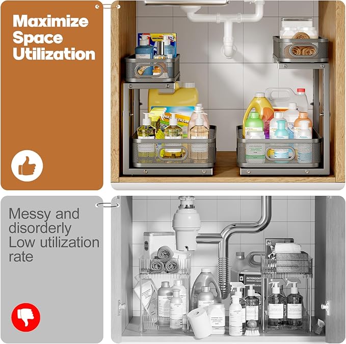 2 Pack 17.3IN-Depth Under Sink Organizer with Smooth Cylindrical Rail,2-Tier Pull Out Multi-Purpose Cabinet Storage for Bathroom&Kitchen,Height Adjustable,Rust-Resistant Coating-Gun Gray