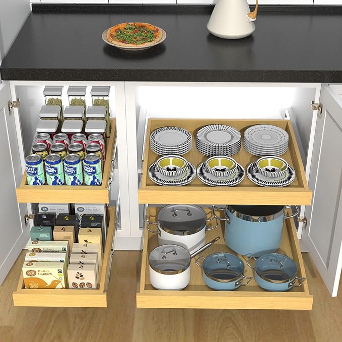 Wooden Pull out Cabinet Organizer 11" W x 21" D x 3.35" H, Heavy Duty Slide Out Drawers Pull-Out Home Organizers for Kitchen Cabinets