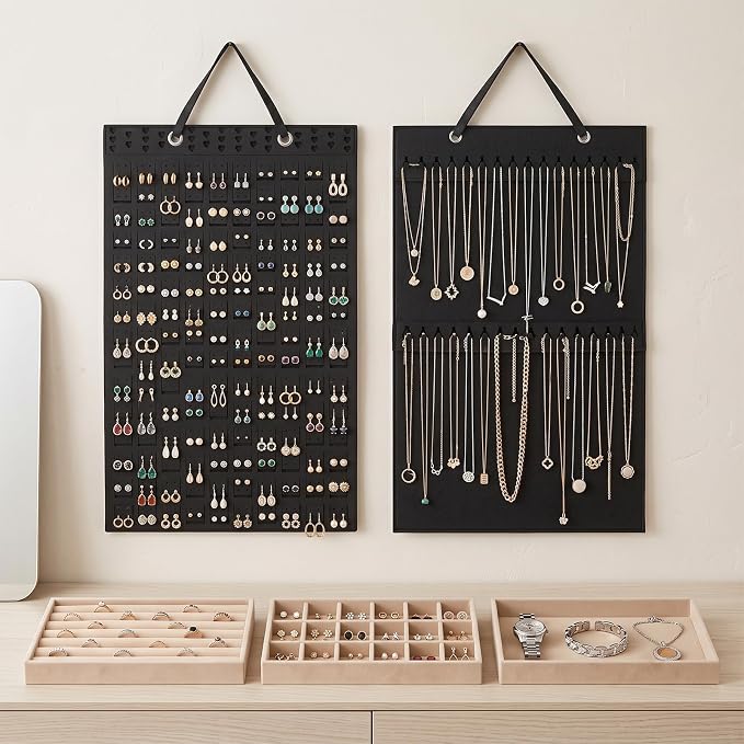 Hanging Jewelry Organizer & Drawer Trays Set - Double-Sided Wall Hanger for Necklaces & Earrings, 3 Stackable Velvet Storage Inserts for Rings & Bracelets - 5 Pack