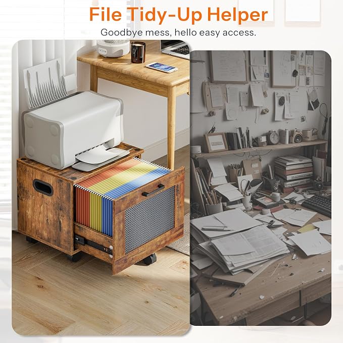 HOOBRO File Cabinet, Rolling File Cart, Under Desk Small Filing Cabinet, File Organizer Box, Home Office File Basket with Drawer for A4, Letter Files, Rustic Brown and Black BF11WJ01G1