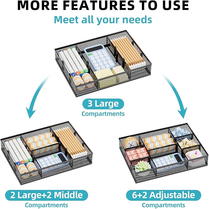 Marbrasse 2 Pack Desk Drawer Organizer, Mesh Drawer Organizer Tray with 8 Adjustable Compartments, Desk Organizers and Accessories, 5 Dividers Drawer for Office Supplies, Makeup & Vanity (Black-2P)