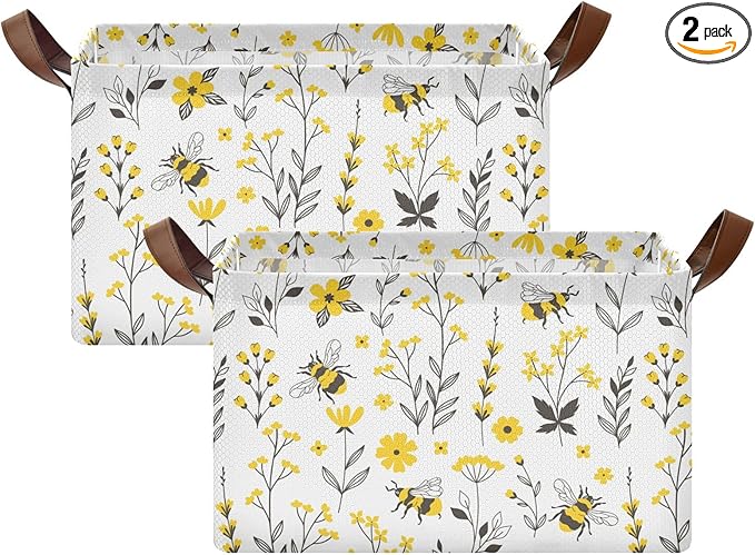 Yellow Wildflower with Bee Storage Basket Foldable Cube Storage Bins with Handles&Labels Waterproof Collapsible Organizer Box Bin Large Decorative Baskets for Shelves Home Living Room Closet, 2 Pack