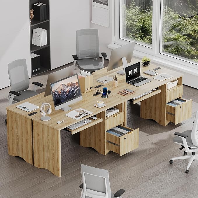 Bestier 55" Desk with Fingerprint Lock & Charging, Keyboard Tray, Oak | Partitioned Storage & Cable Management,Oak,Easy Assembly,Fingerprint Drawer Lock,Wear-Resistant Easy-Clean Desktop & Drawers